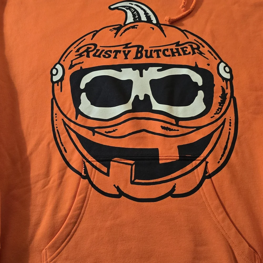 Rusty Butcher Orange Hoodie with Pumpkin Design NEW LIMITED EDITION SIZE XL - Picture 2 of 5